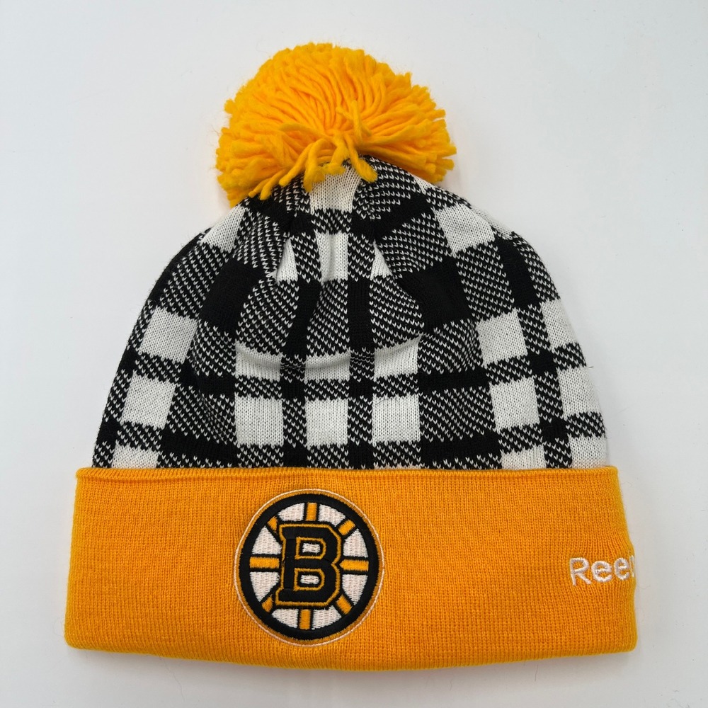 Boston Bruins Reebok Face Off Collection Pom‎ Beanie Hat Black White Checkered